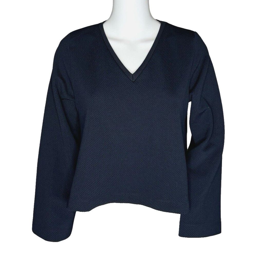 Zara Shirt Womens Small‎ Navy Blue Textured Bell Sleeve Basic Neutral Minimalist
